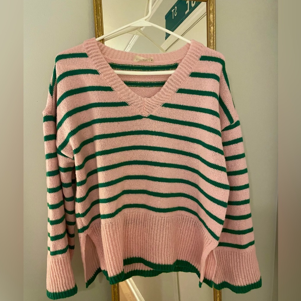Pink and green striped sweater